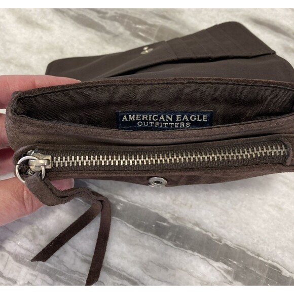American Eagle Vtg Y2k Suede Wallet Dark Brown Lace Up Small Bifold Boho Hippie - Picture 8 of 16